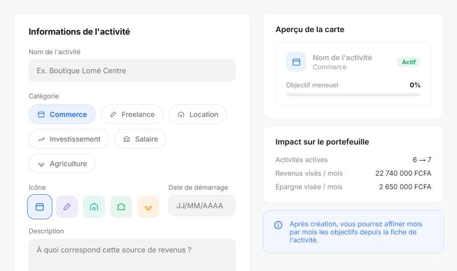 Écran Nouvelle activité de Missika